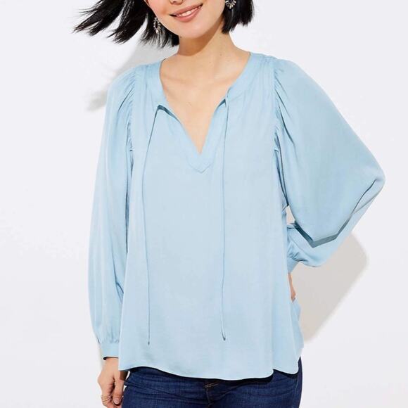 LOFT Tops - LOFT Split Neck Flowy Puff Sleeve Top Coastal Blue Size XS
